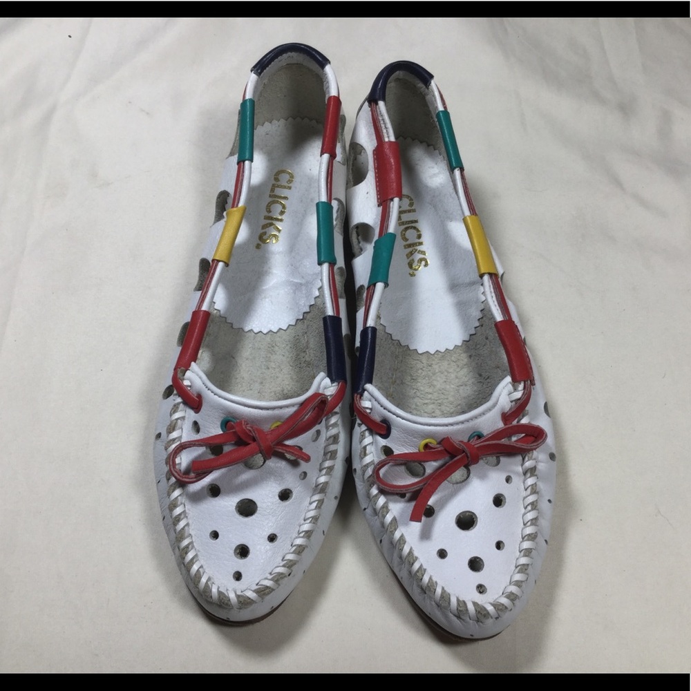 Vintage 80s Clicks White Leather Cut Out Loafers 8